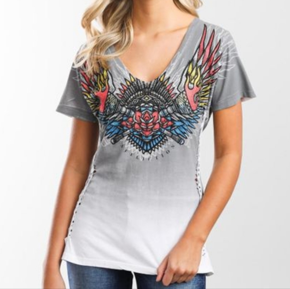 Women's Affliction Black Label Tribal Flame Distressed T-shirt NWOT